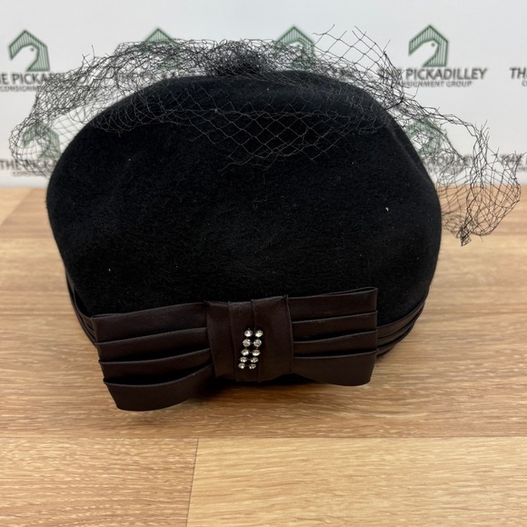 Vtg Black Velour Pillbox Hat with Veil Rhinestone Bow 1950s 1960s Mid Century